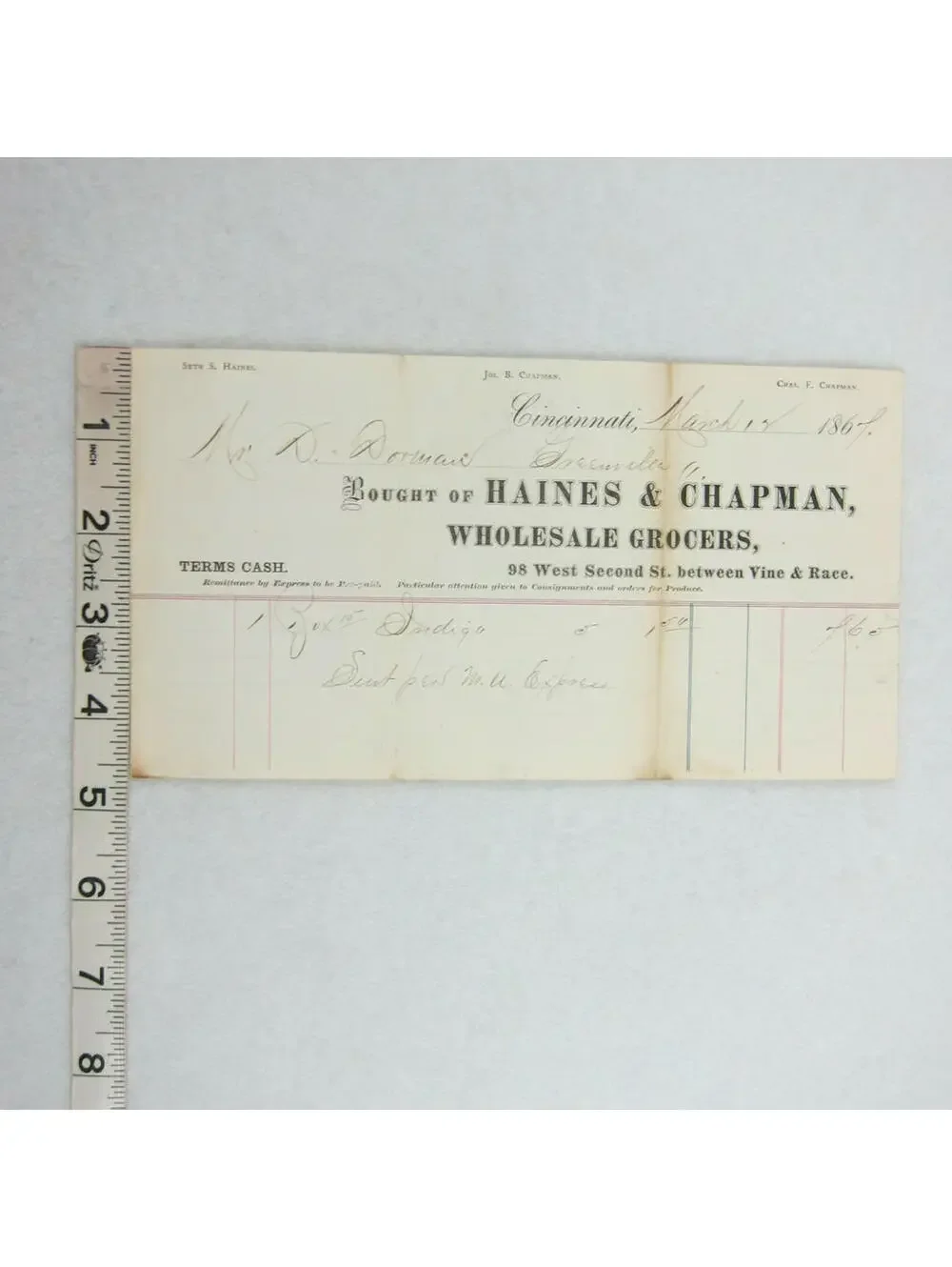 Antique 1867 Haines & Chapman Wholesale Grocer Cincinnati Ohio Receipt Invoice